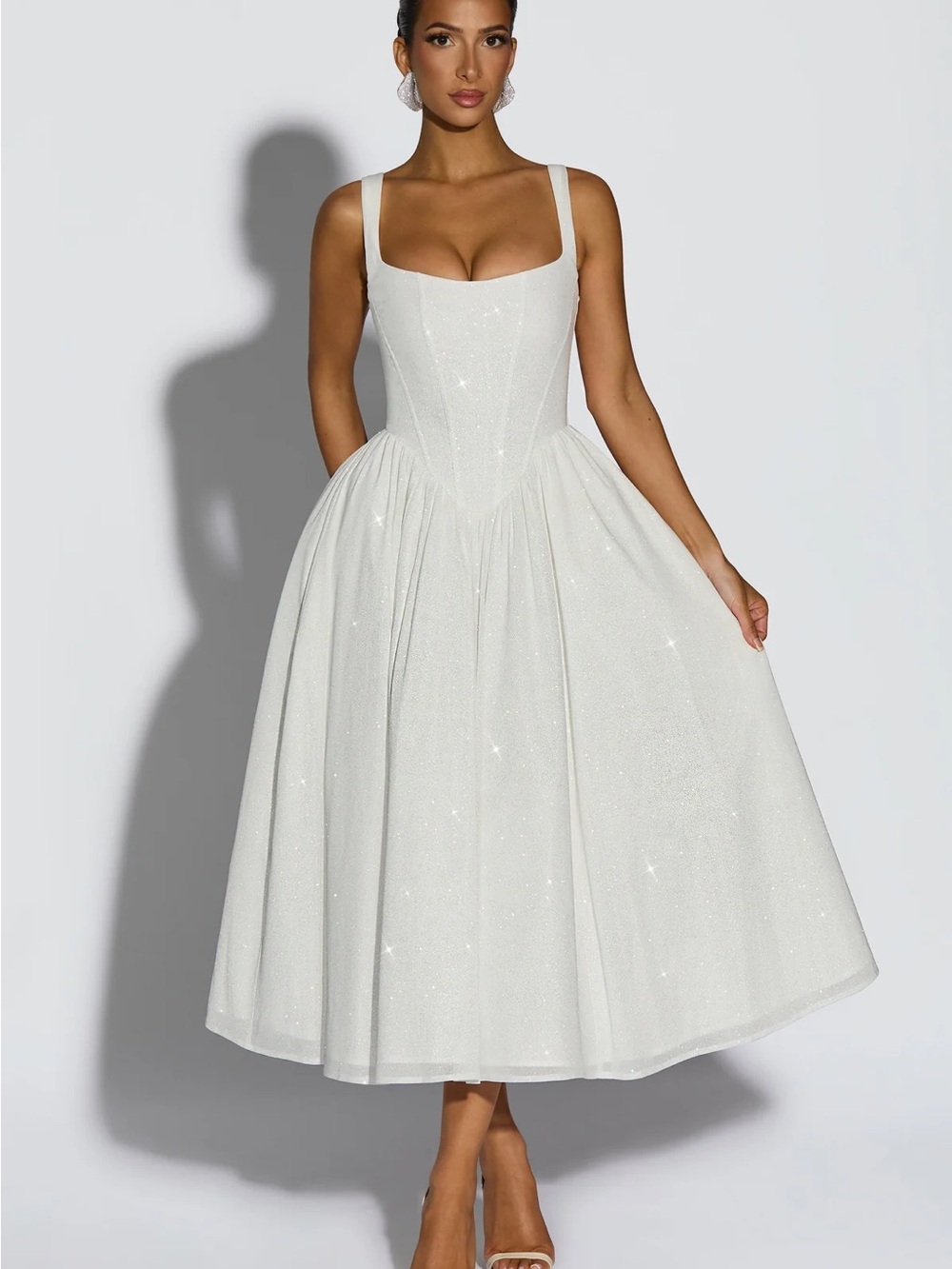 Sparkling Cream Midi Dress with Square Neckline - Women's